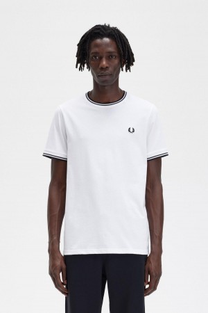 White Fred Perry Twin Tipped Men's T Shirts | ECAVG79830