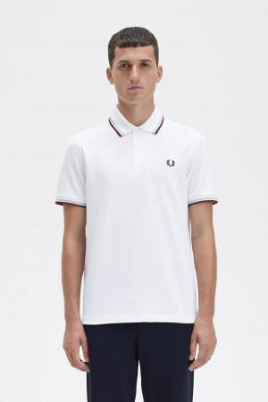 White / Ice / Maroon Fred Perry M12 Men's Polo Shirts | YCAVQ39345