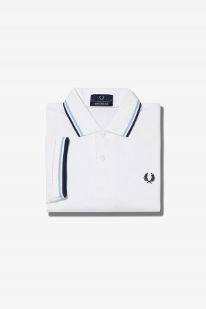 White / Ice / Navy Fred Perry M12 Men's Fred Perry Shirt | YCAGT71912