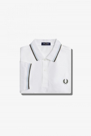 White / Light Ice / Field Green Fred Perry M3600 Men's Fred Perry Shirt | CAQCS86082