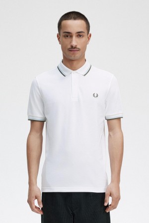 White / Light Ice / Field Green Fred Perry M3600 Men's Polo Shirts | YCAVQ33409