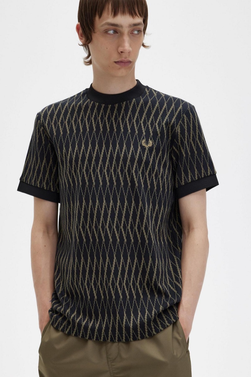 Black Fred Perry Argyle Jacquard Men's T Shirts | LCASX74604