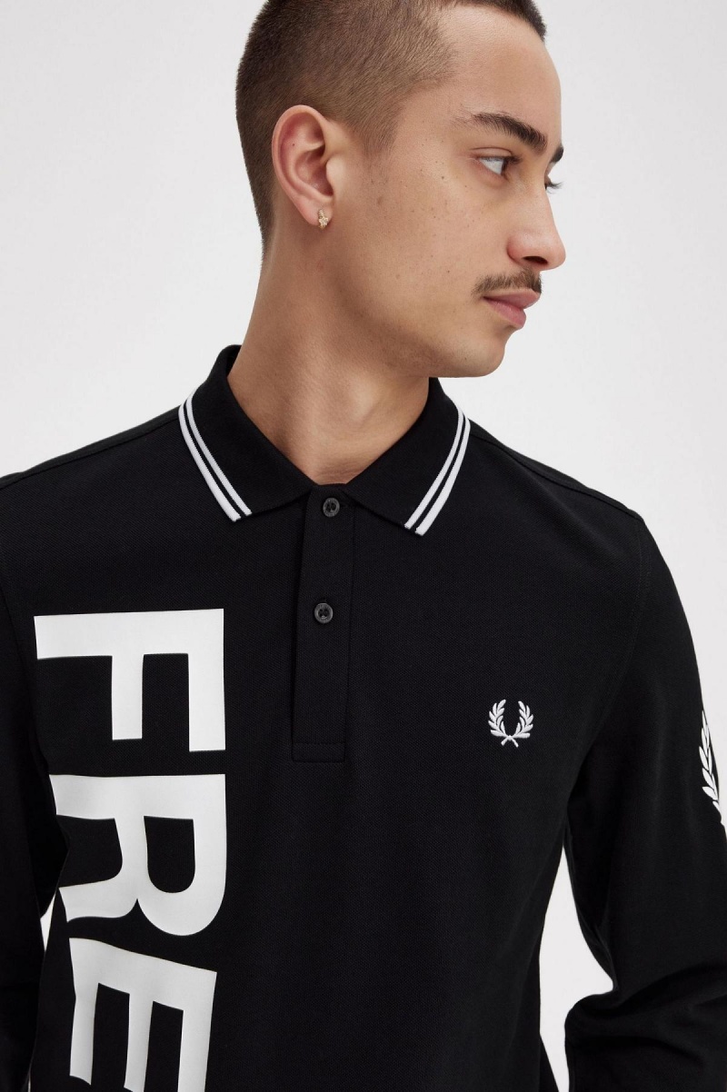 Black Fred Perry Bold Graphic Long Sleeve Fred Perry Shirt Men's Polo Shirts | DCAKV31569