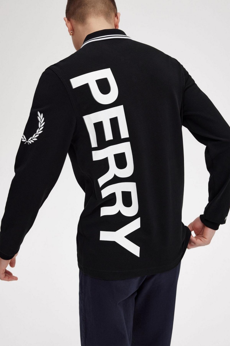 Black Fred Perry Bold Graphic Long Sleeve Fred Perry Shirt Men's Polo Shirts | DCAKV31569