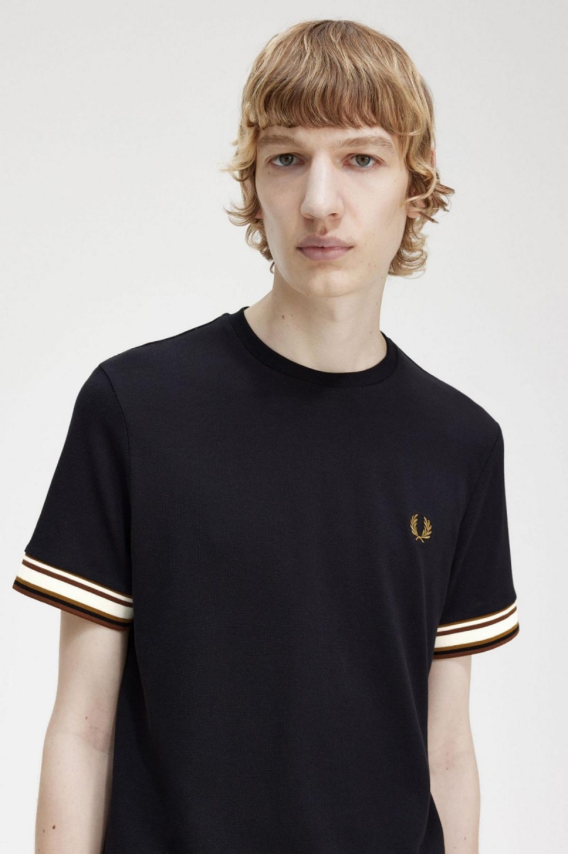 Black Fred Perry Bold Tipped Piqué Men's T Shirts | CANEJ92095