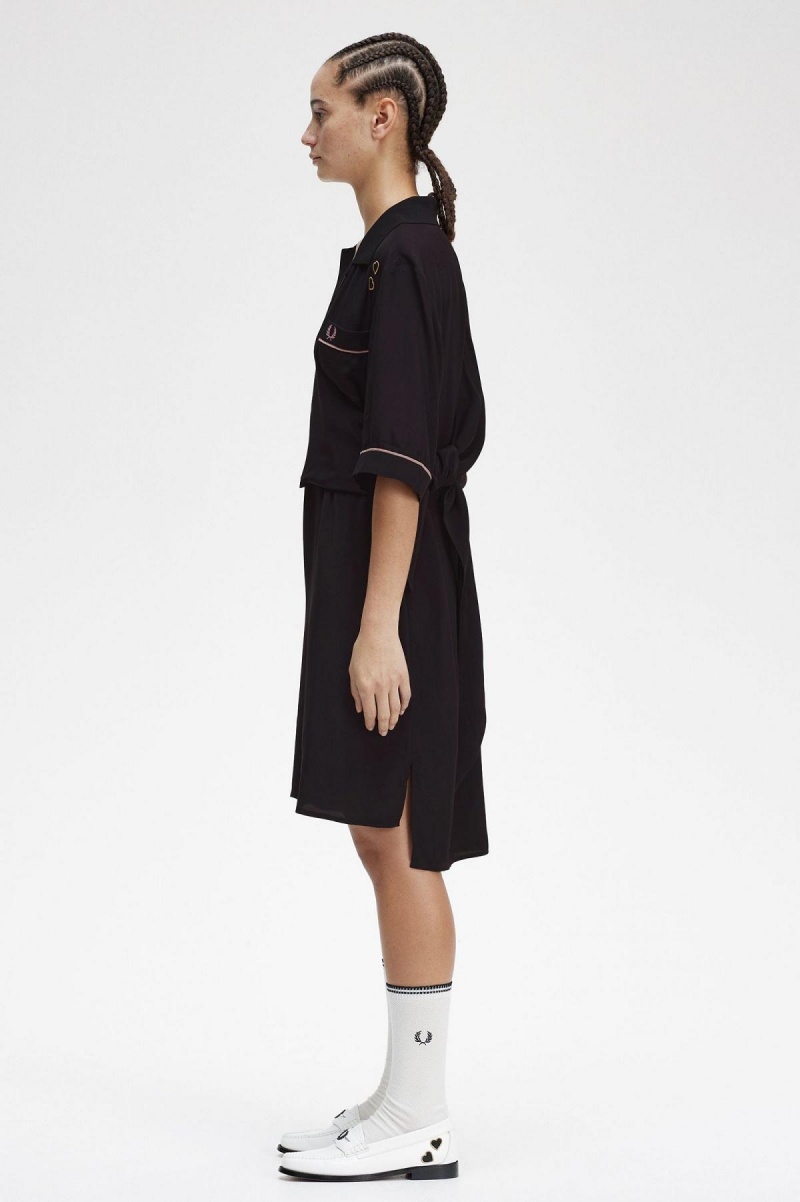 Black Fred Perry Bowling Shirt Women's Dress | ZCAMJ14035