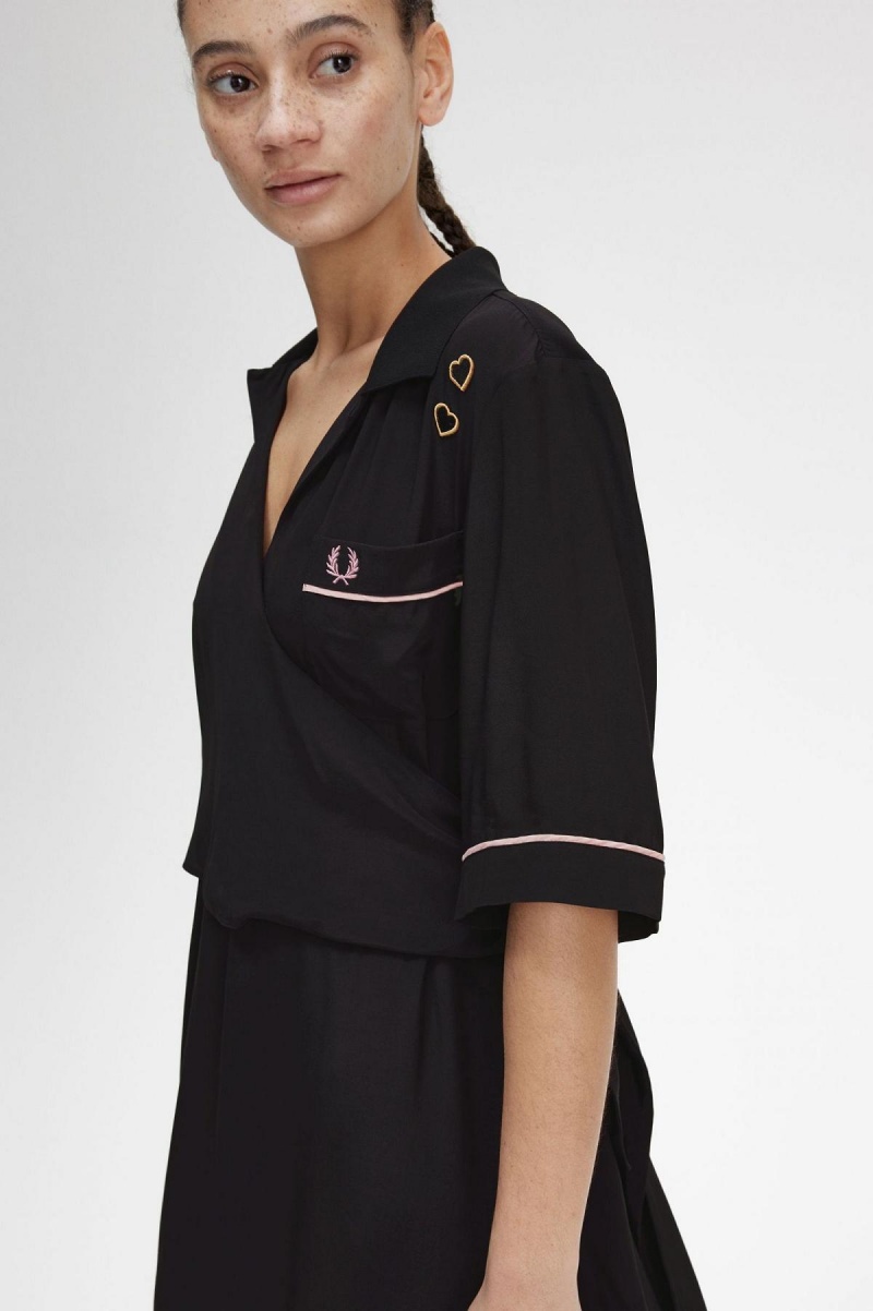 Black Fred Perry Bowling Shirt Women's Dress | ZCAMJ14035