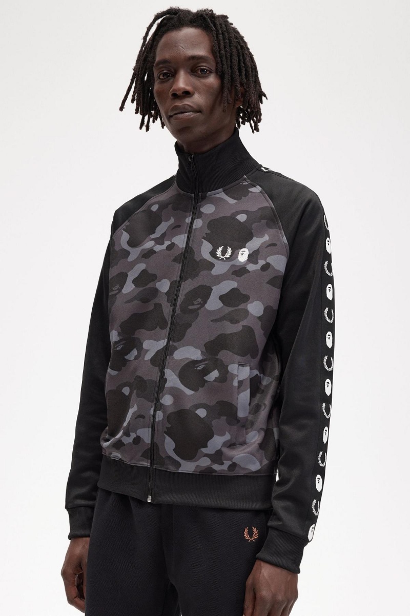 Black Fred Perry Camouflage Panel Men's Track Jackets | SCANY39023