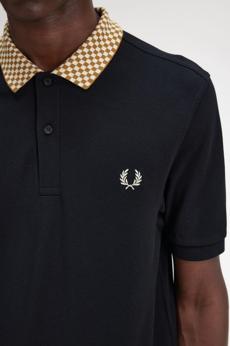 Black Fred Perry Chequerboard Collar Polo Shirt Men's Polo Shirts | ZCAMJ47496