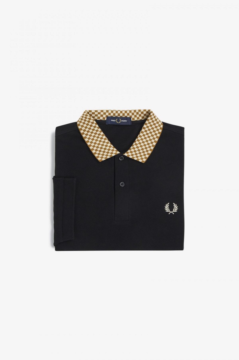 Black Fred Perry Chequerboard Collar Polo Shirt Men's Polo Shirts | ZCAMJ47496