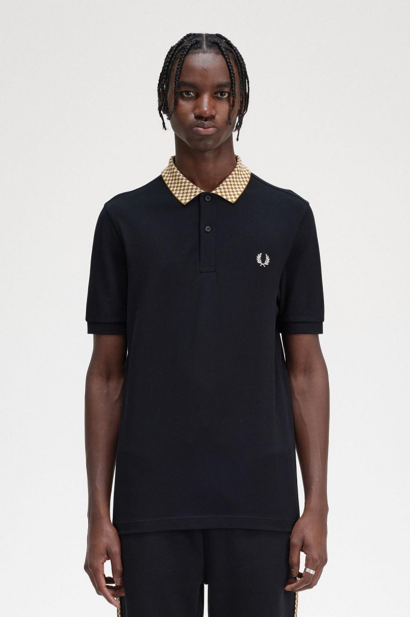 Black Fred Perry Chequerboard Collar Polo Shirt Men\'s Polo Shirts | ZCAMJ47496