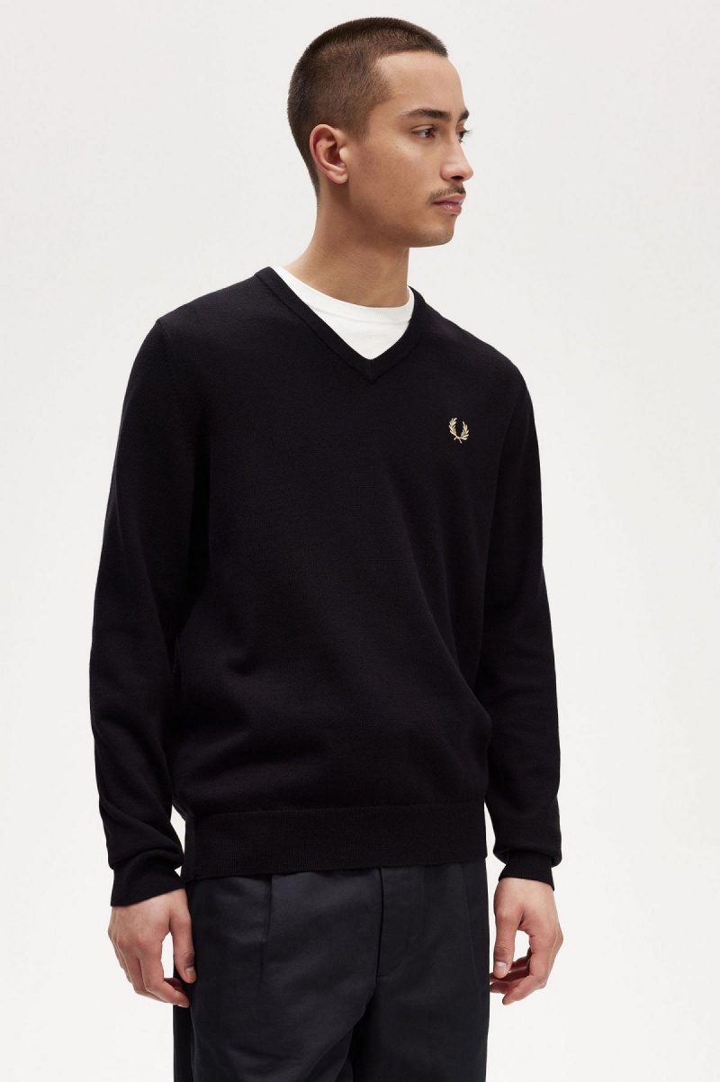 Black Fred Perry Classic V-Neck Jumper Men's Knitwear | CANZX13983