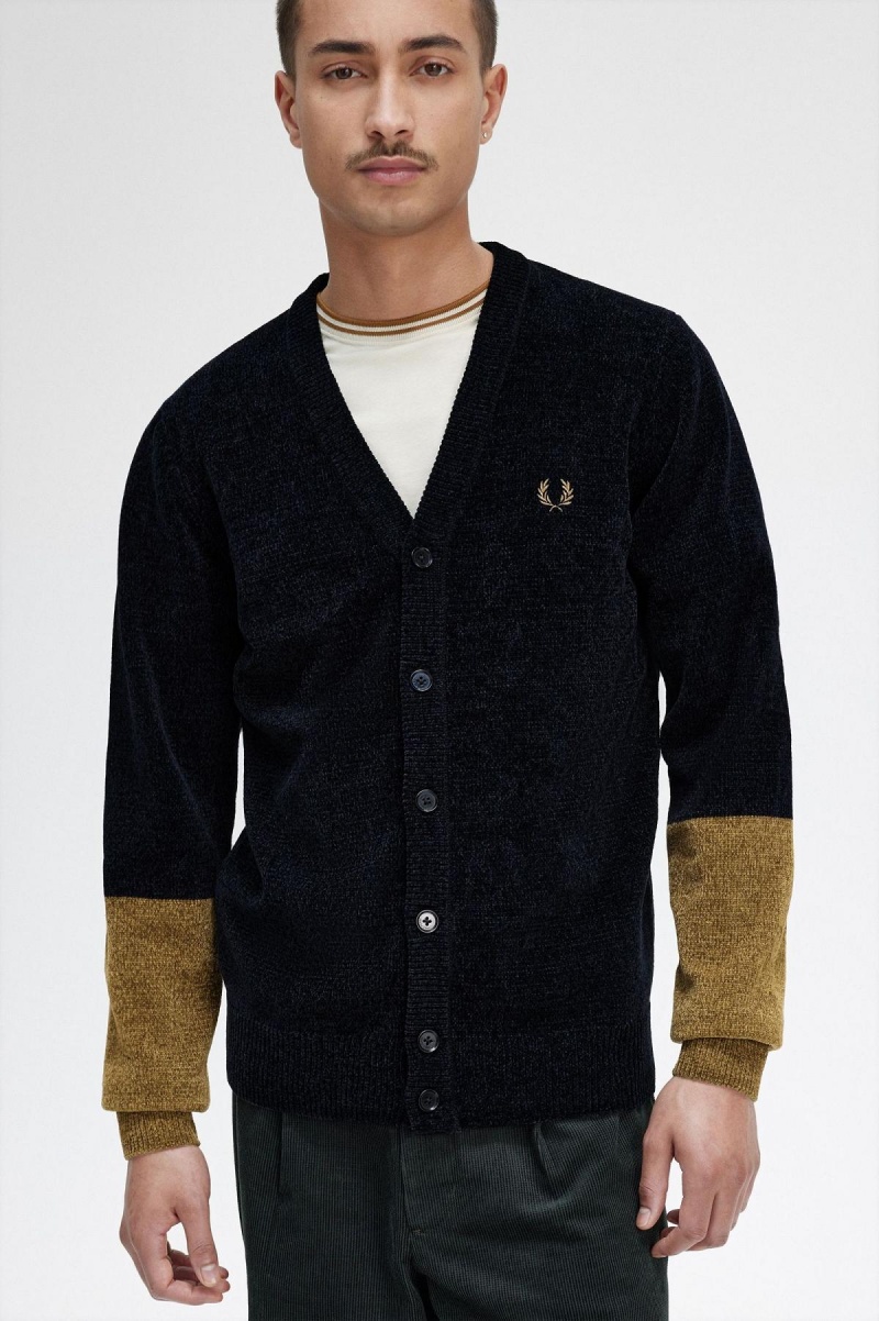 Black Fred Perry Colour Block Chenille Cardigan Men's Knitwear | UCATG20270