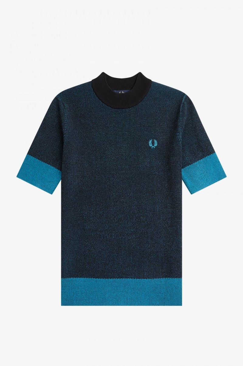 Black Fred Perry Contrast Rib Short Sleeve Jumper Women's Knitwear | CADYB67996