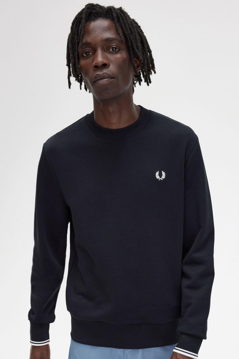 Black Fred Perry Crew Neck Men's Sweatshirts | CAJBT76855