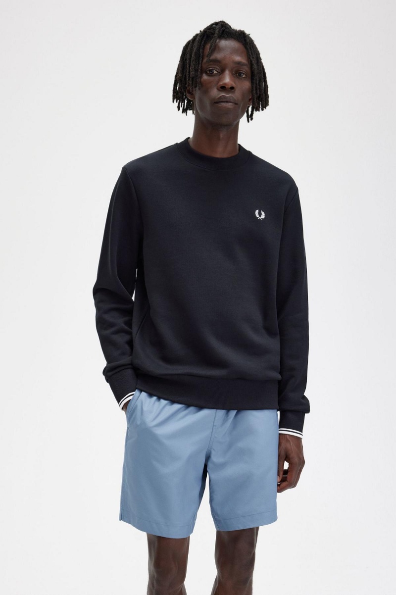 Black Fred Perry Crew Neck Men's Sweatshirts | CAJBT76855