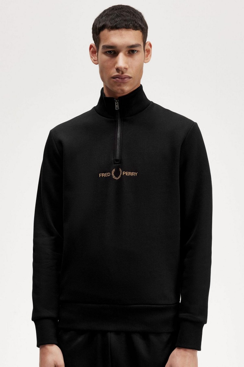 Black Fred Perry Double Graphic Half Zip Men's Sweatshirts | ECAVG21545