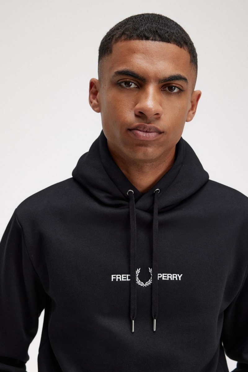 Black Fred Perry Embroidered Hooded Men's Sweatshirts | CAZDE14643