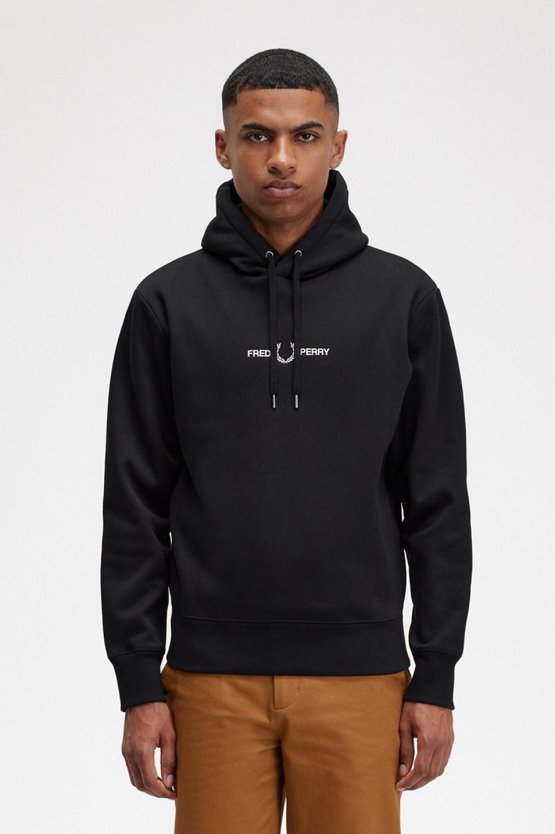 Black Fred Perry Embroidered Hooded Men\'s Sweatshirts | CAZDE14643