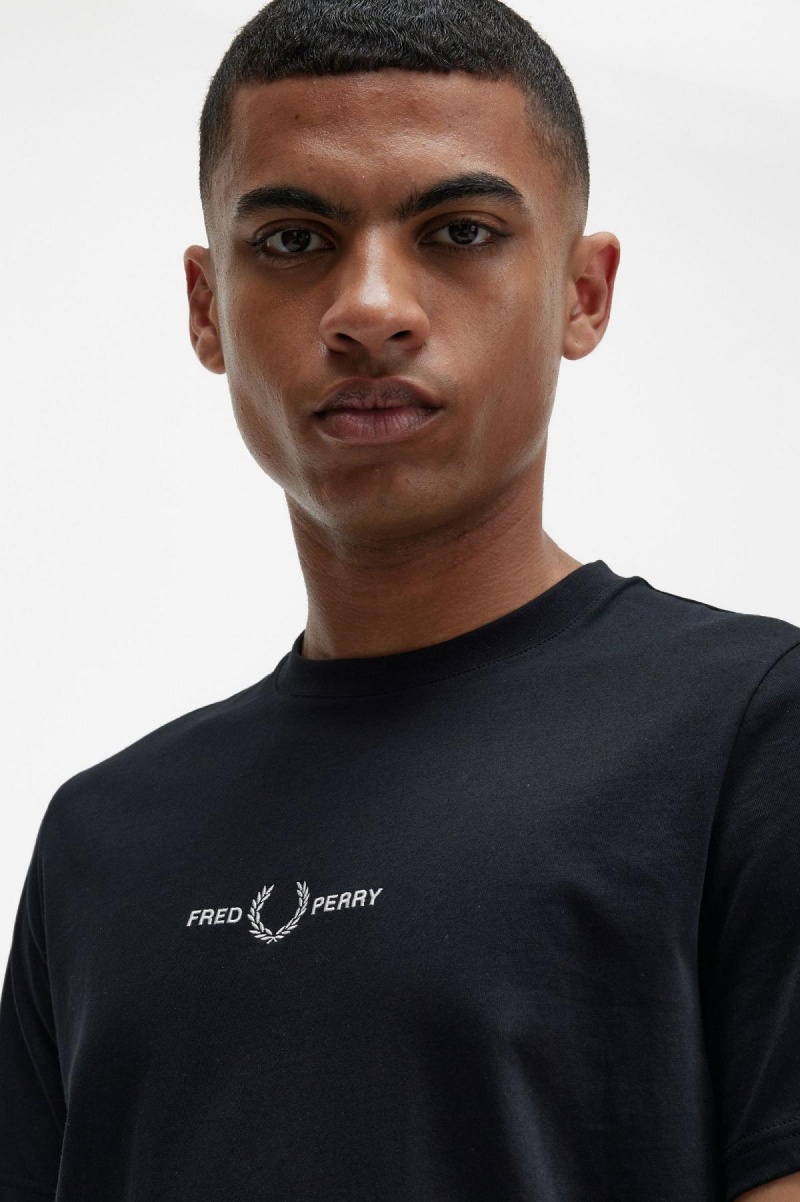 Black Fred Perry Embroidered Men's T Shirts | ACADF79496