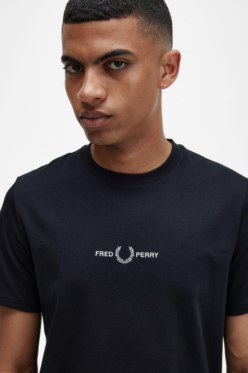 Black Fred Perry Embroidered Men's T Shirts | ACADF79496