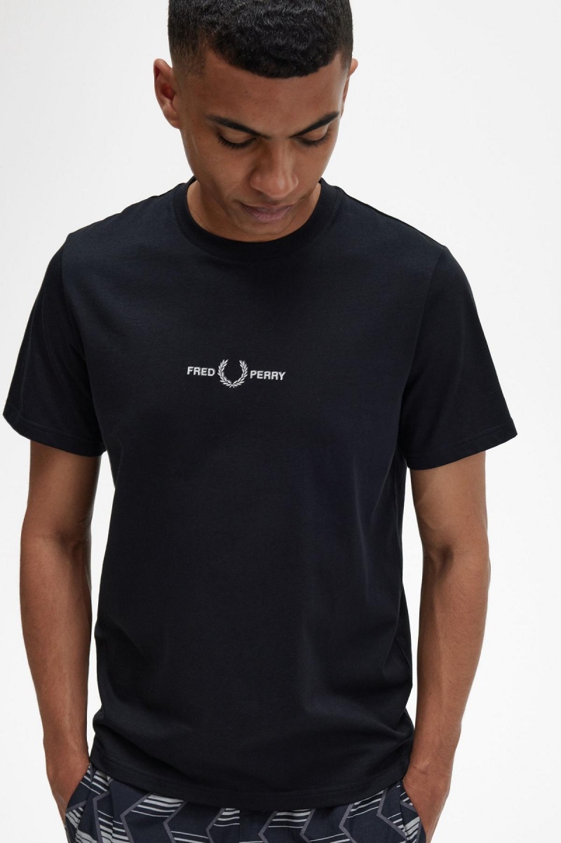 Black Fred Perry Embroidered Men's T Shirts | ACADF79496