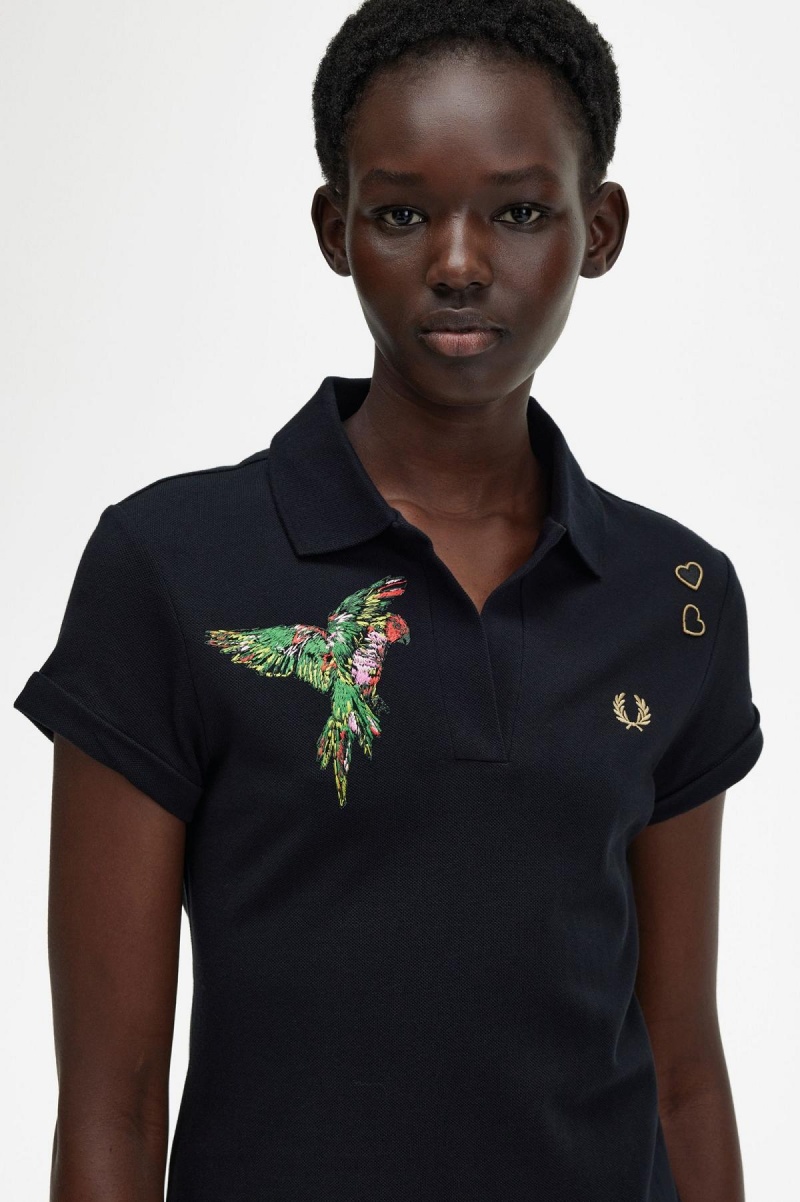 Black Fred Perry Embroidered Piqué Women's Dress | CAZPD67241