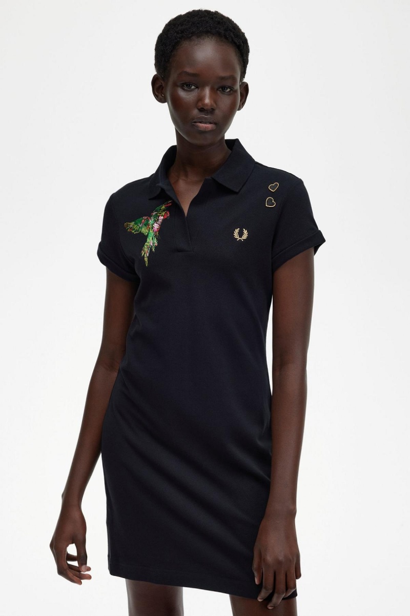 Black Fred Perry Embroidered Piqué Women's Dress | CAZPD67241