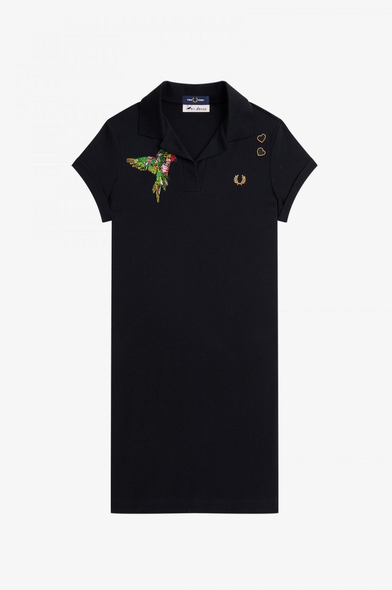 Black Fred Perry Embroidered Piqué Women's Dress | CAZPD67241