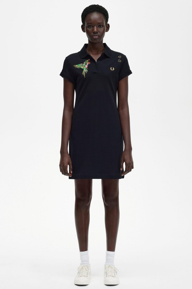 Black Fred Perry Embroidered Piqué Women\'s Dress | CAZPD67241