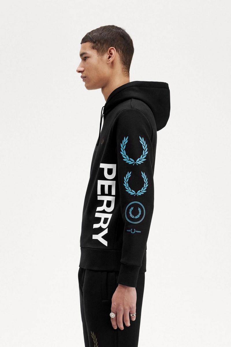 Black Fred Perry Graphic Branding Hooded Men's Sweatshirts | SCAVO45340