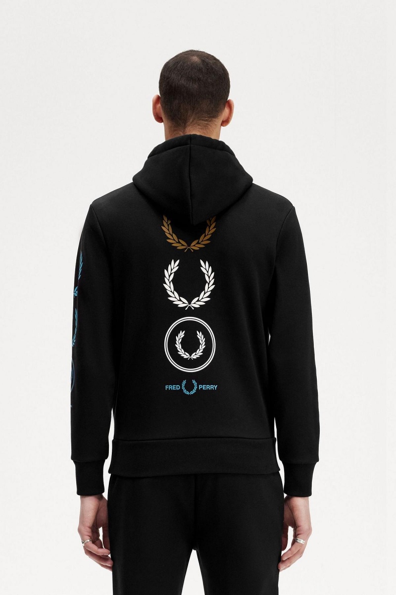 Black Fred Perry Graphic Branding Hooded Men's Sweatshirts | SCAVO45340