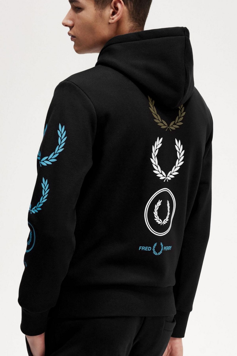 Black Fred Perry Graphic Branding Hooded Men's Sweatshirts | SCAVO45340