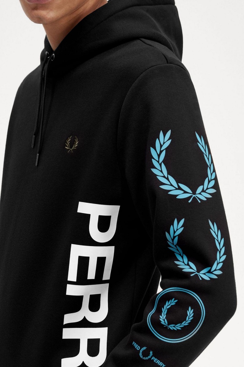 Black Fred Perry Graphic Branding Hooded Men's Sweatshirts | SCAVO45340