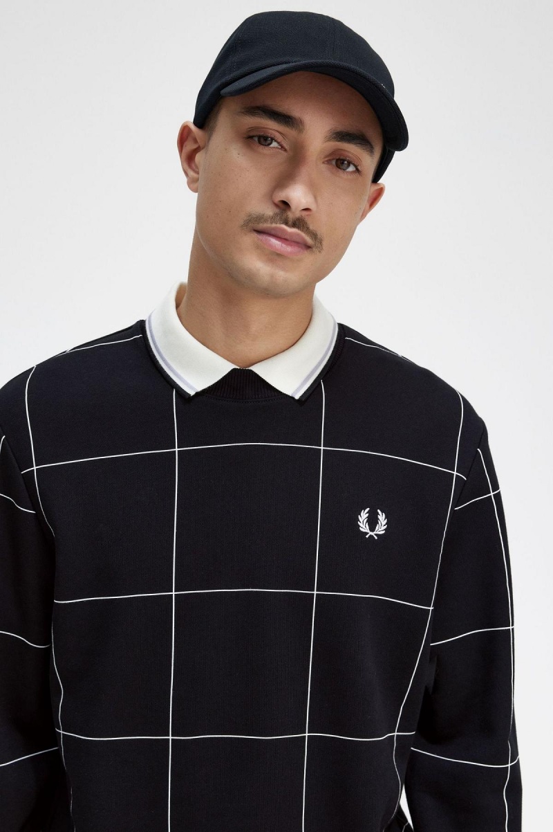 Black Fred Perry Grid Detail Men's Sweatshirts | PCAER46911