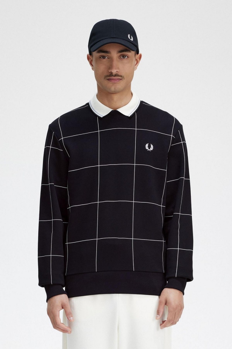 Black Fred Perry Grid Detail Men\'s Sweatshirts | PCAER46911