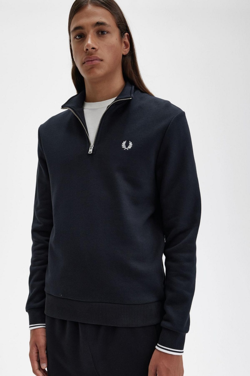 Black Fred Perry Half Zip Men's Sweatshirts | CAXBR52005