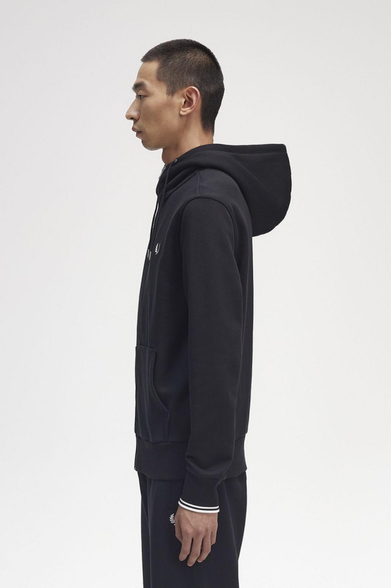 Black Fred Perry Hooded Zip Through Men's Sweatshirts | MCAFT21746