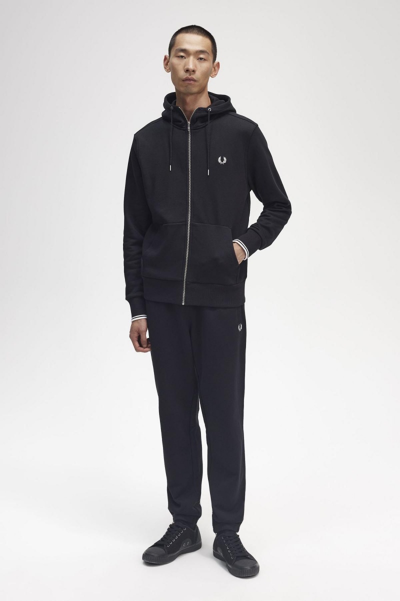 Black Fred Perry Hooded Zip Through Men's Sweatshirts | MCAFT21746