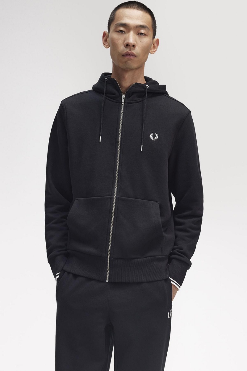 Black Fred Perry Hooded Zip Through Men's Sweatshirts | MCAFT21746