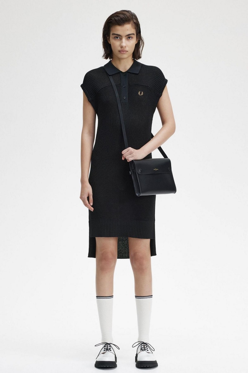 Black Fred Perry Knitted Shirt Women's Dress | UCATG38507