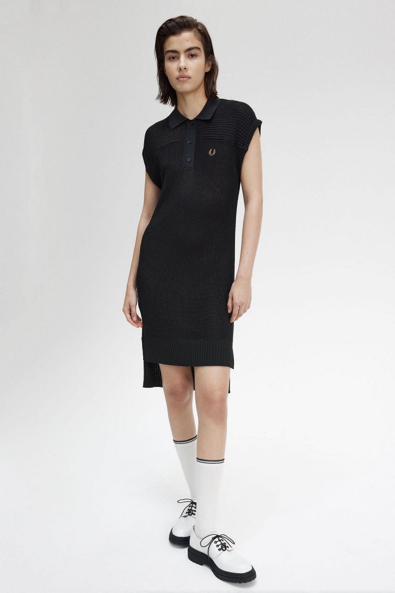 Black Fred Perry Knitted Shirt Women's Dress | UCATG38507