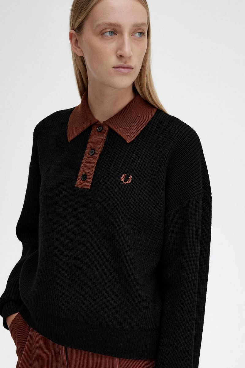 Black Fred Perry Knitted Shirt Women's Knitwear | ZCAMJ55999