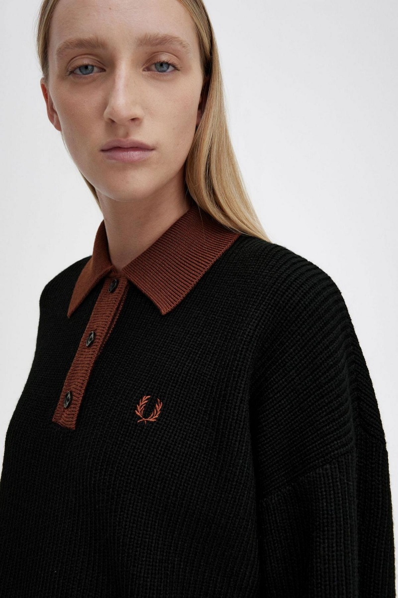 Black Fred Perry Knitted Shirt Women's Knitwear | ZCAMJ55999