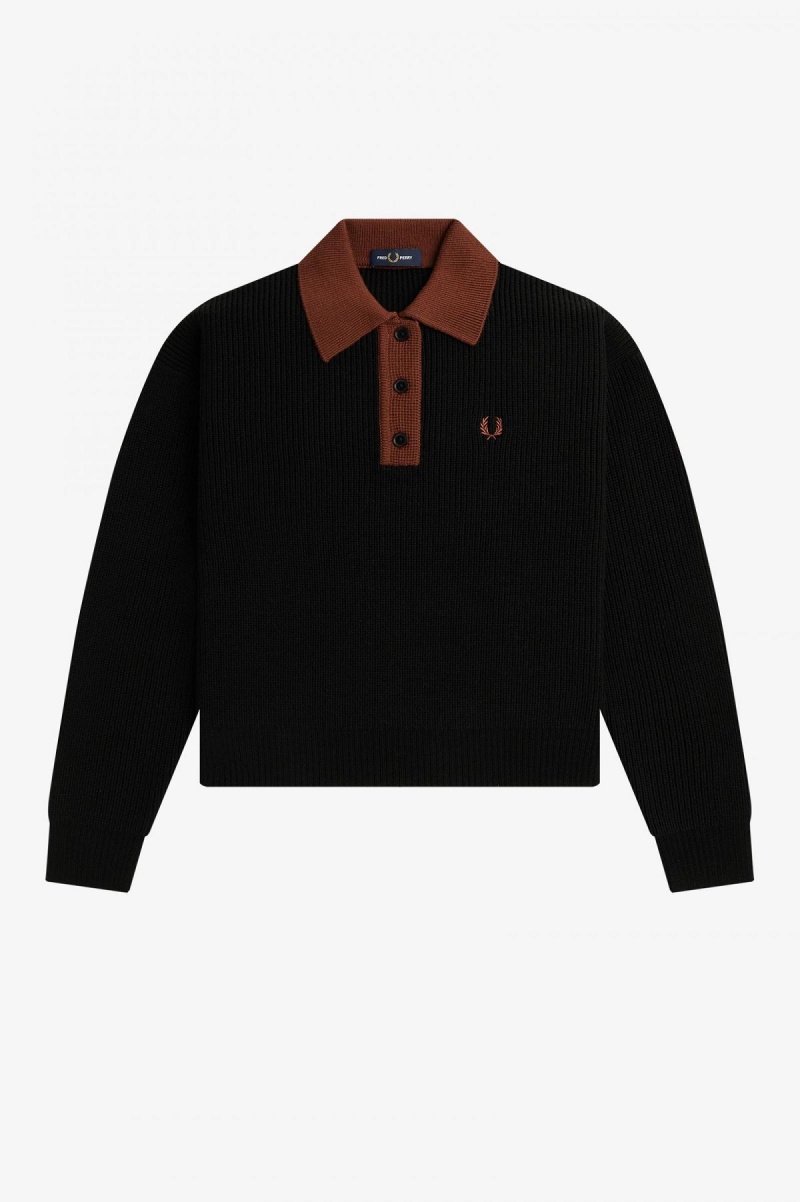 Black Fred Perry Knitted Shirt Women's Knitwear | ZCAMJ55999