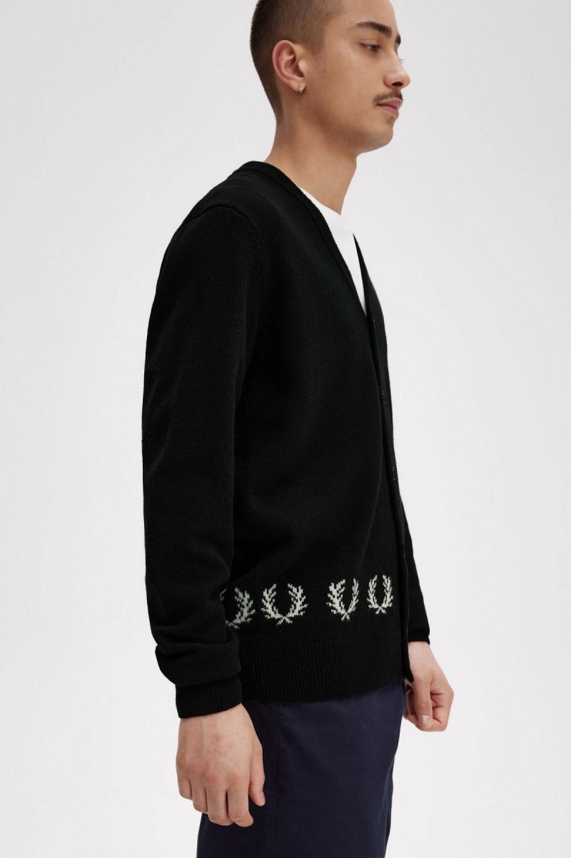 Black Fred Perry Laurel Wreath Trim Cardigan Men's Knitwear | SCANY39556