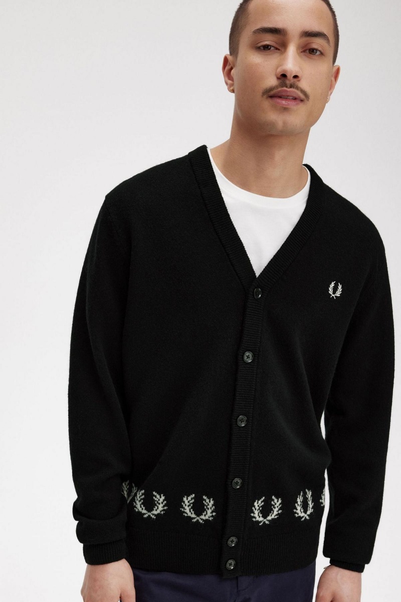 Black Fred Perry Laurel Wreath Trim Cardigan Men's Knitwear | SCANY39556