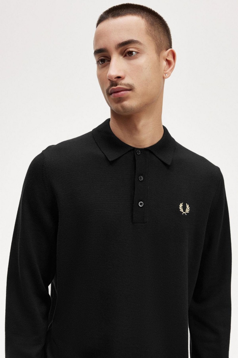 Black Fred Perry Long Sleeve Knitted Shirt Men's Knitwear | MCAFT75749