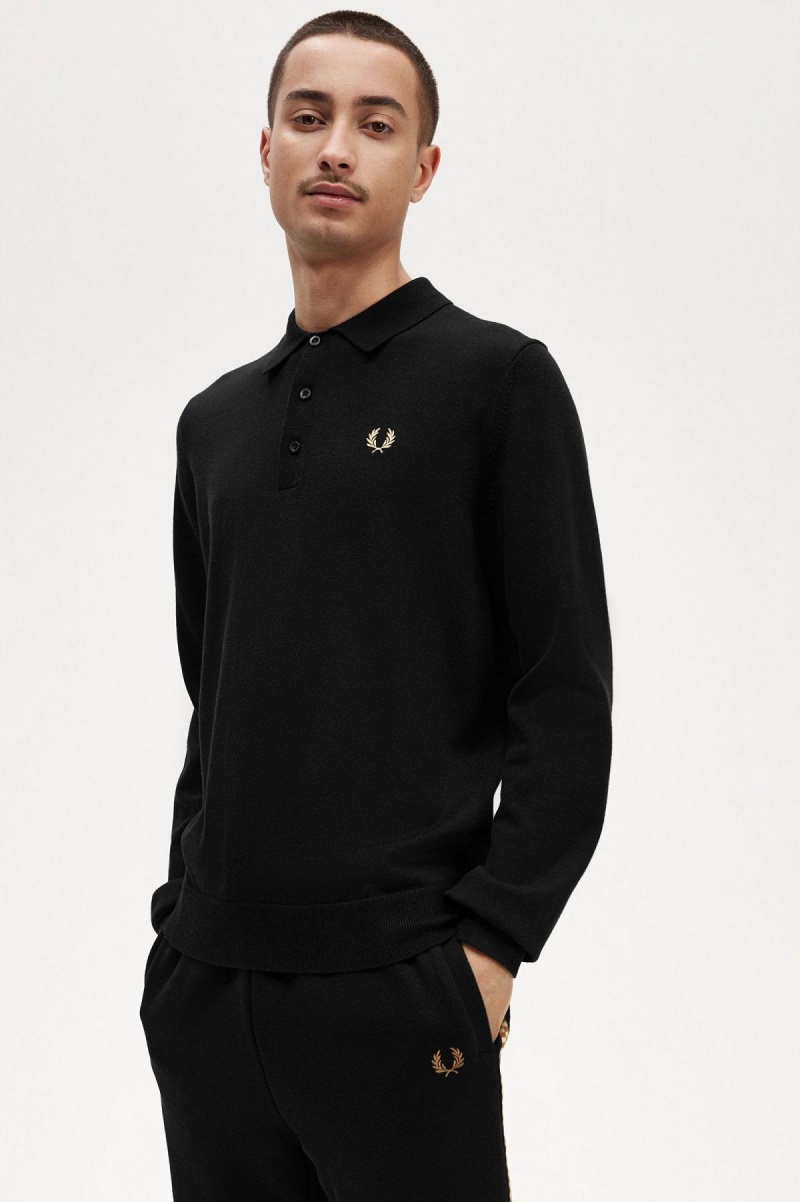 Black Fred Perry Long Sleeve Knitted Shirt Men's Knitwear | MCAFT75749