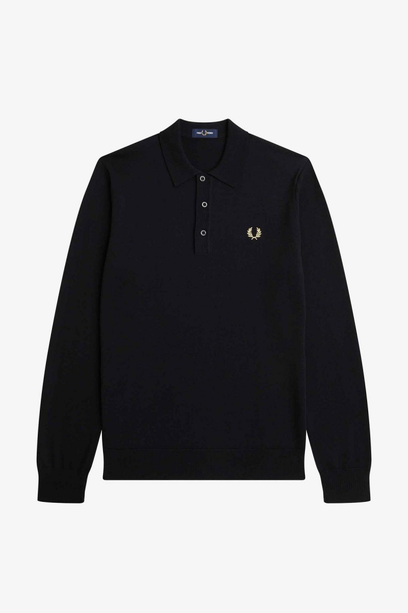 Black Fred Perry Long Sleeve Knitted Shirt Men's Knitwear | MCAFT75749